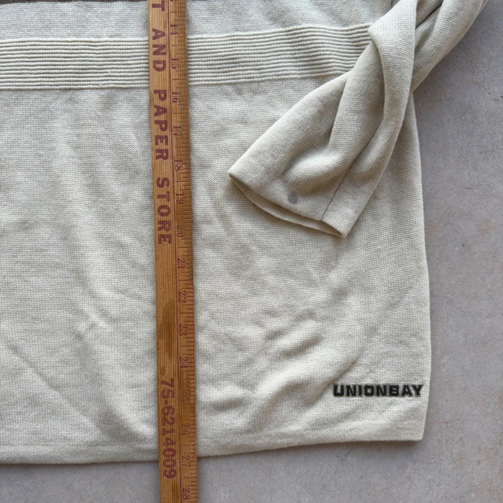 Vintage Unionbay Mens XL Crewneck Sweater Green Tan Cream Striped Acrylic Knit